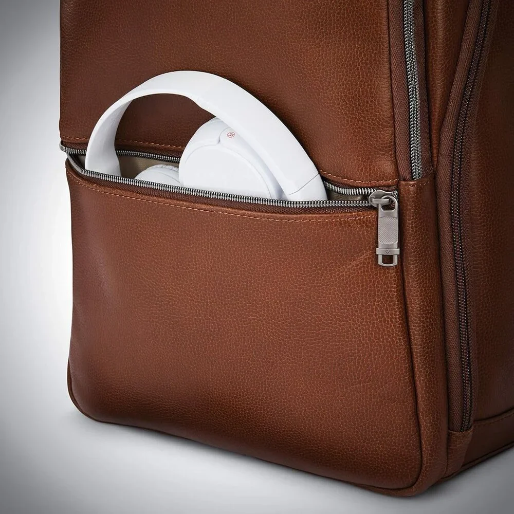 Men's Cognac Classic Leather Slim Imported Zipper Nylon Laptop Pocket Backpack